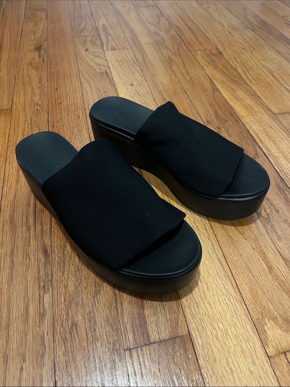 bebe Black Platform Slide Mules with Wide Fabric Upper